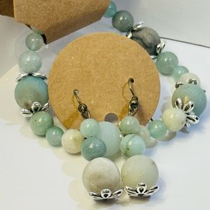 Handmade Aventine and Amazonite bracelet and earring set with silver flowers